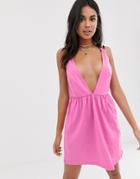 Asos Design Jersey Beach Sundress With Plunge Neck & Geo-tribal Tape Straps - Pink