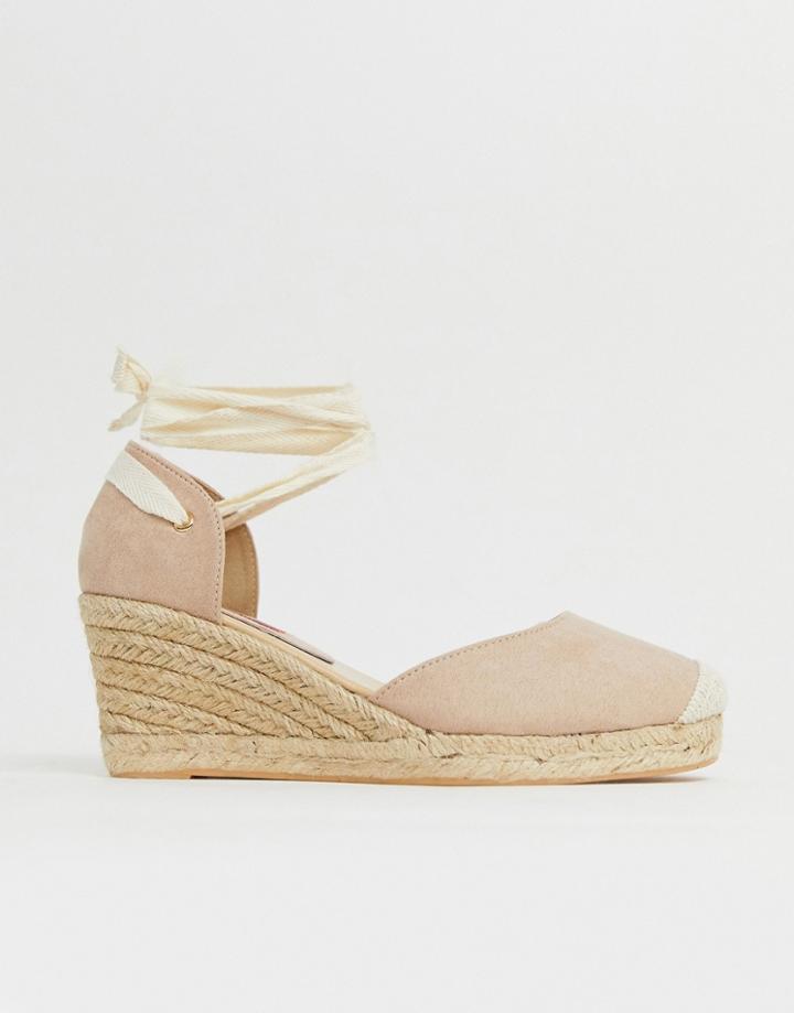 London Rebel Espadrille Wedges With Ankle Tie In Beige - Beige