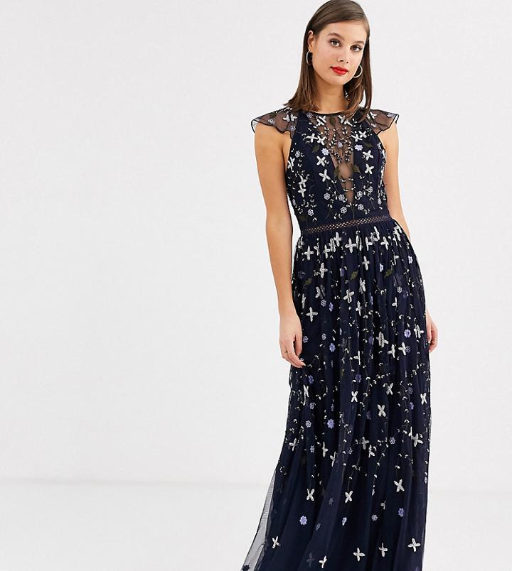 Asos Design Tall Pretty Embroidered Floral And Sequin Mesh Maxi Dress