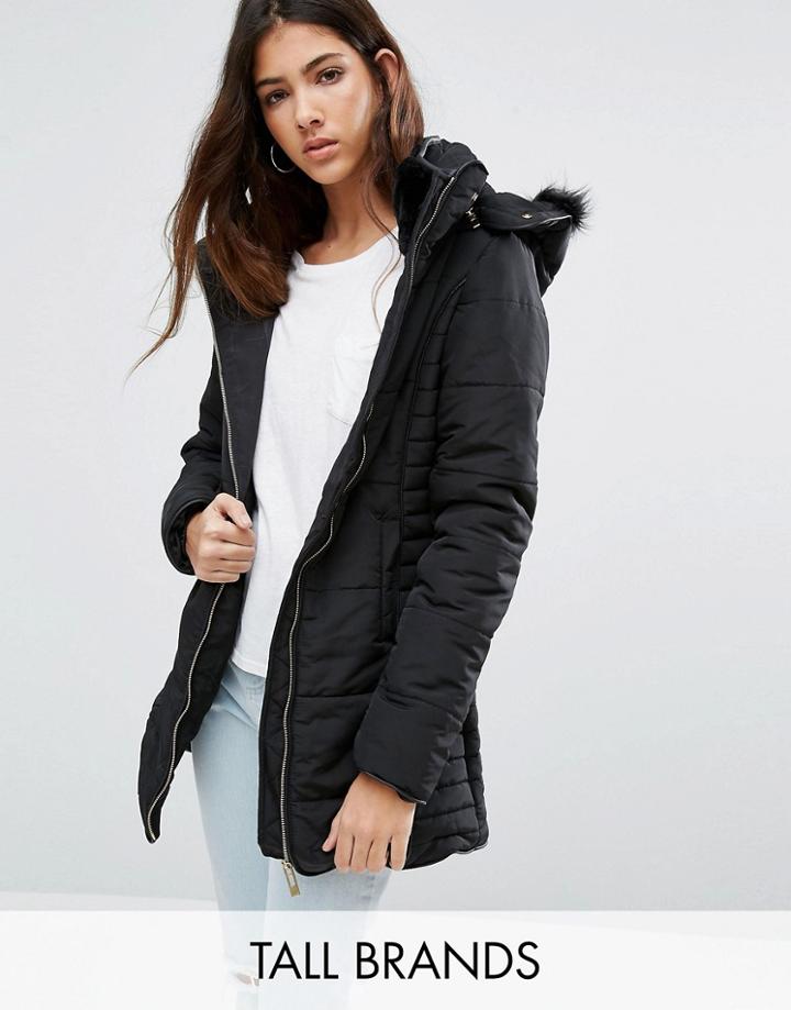 Brave Soul Tall Padded Jacket With Faux Fur Hood - Black