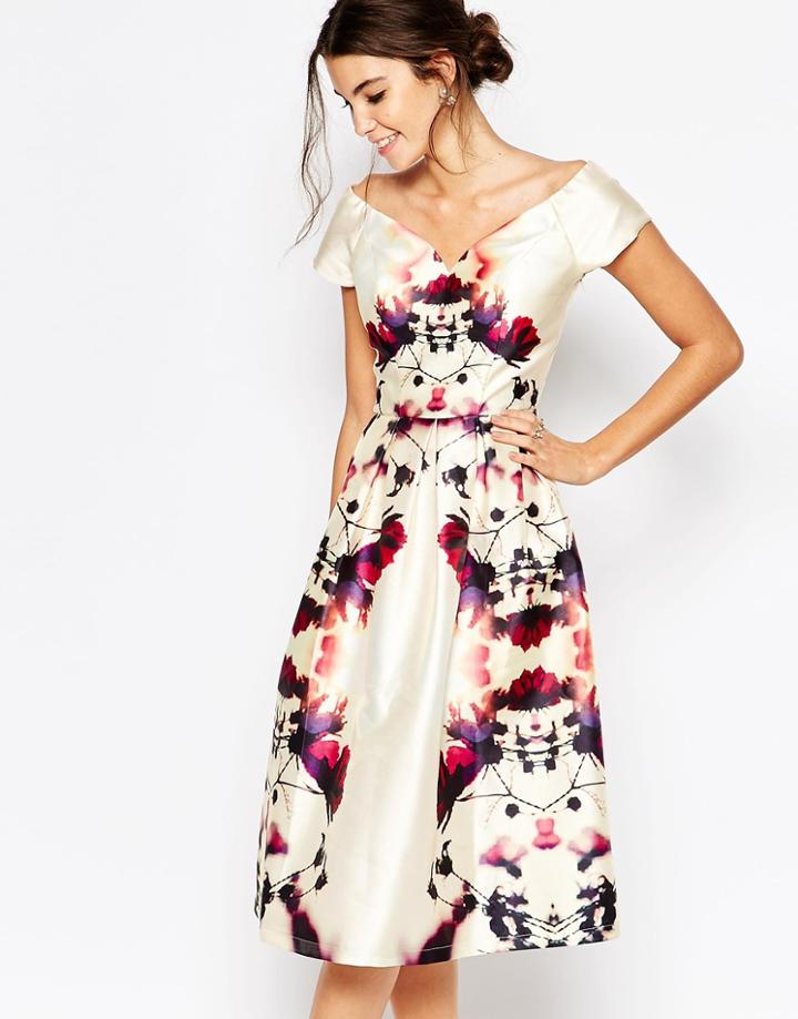 Chi Chi London Plunge Neck Midi Prom Dress In Sateen - Multi Print