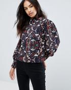 Qed London High Neck Printed Blouse - Navy