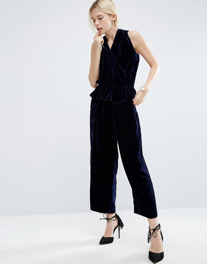 Asos White Velvet Sleeveless Jumpsuit - Navy