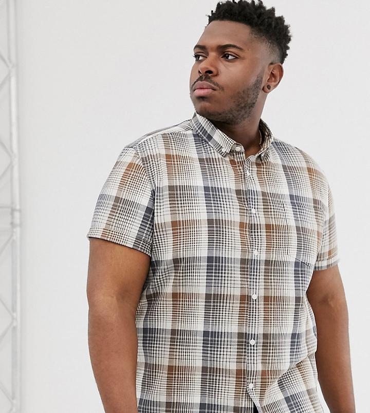 Asos Design Plus Slim Check Shirt In Ecru And Brown-white