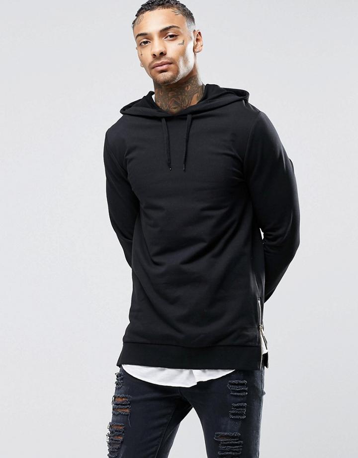 Asos Longline Muscle Hoodie With Side Zips - Black
