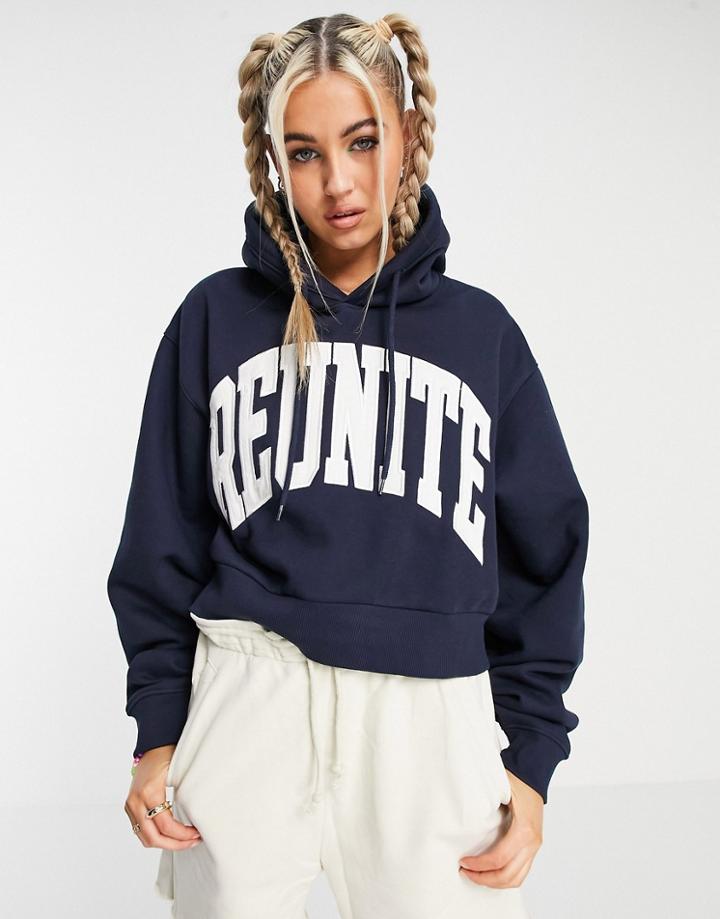 Weekday Easy Organic Cotton Blend Hoodie With Slogan Front In Navy