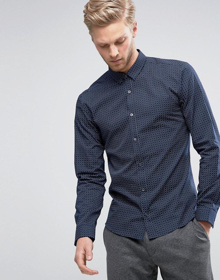 Hugo By Hugo Boss Ero 3 Shirt Grid Print Slim Fit In Navy - Navy