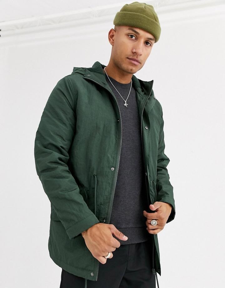 Asos Design Parka Jacket In Bottle Green With Fleece Lining - Green