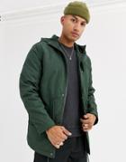 Asos Design Parka Jacket In Bottle Green With Fleece Lining - Green