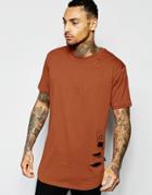 Criminal Damage Longline T-shirt With Distressing - Rust
