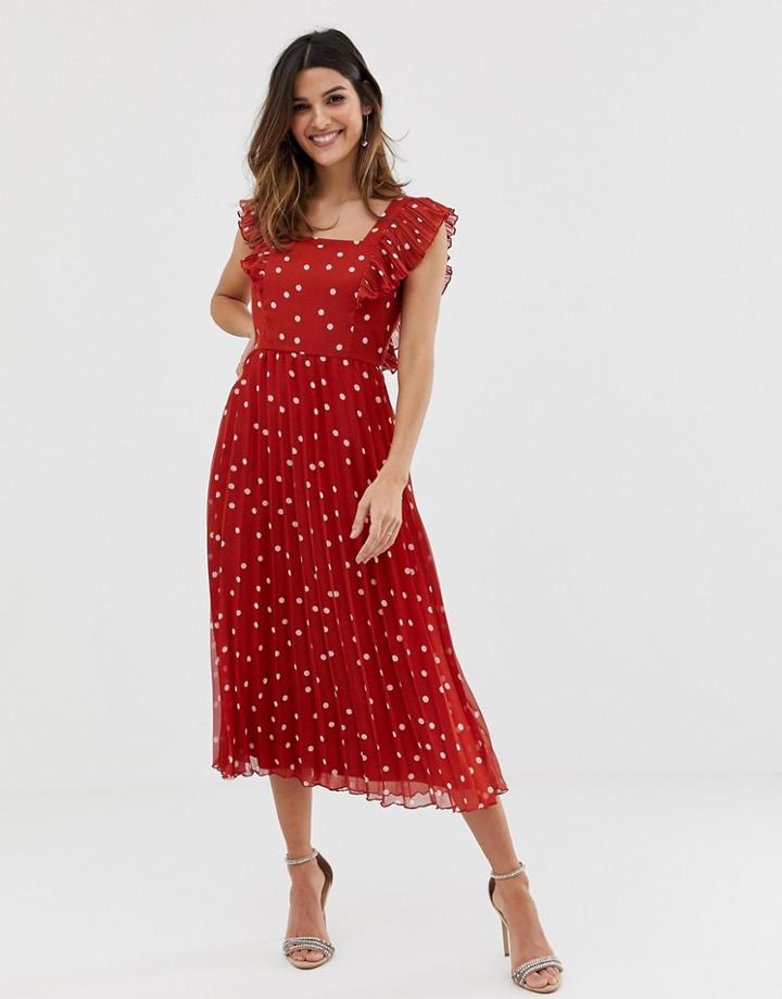 Asos Design Pleated Skater Midi Dress With Square Neck In Rust Spot-multi