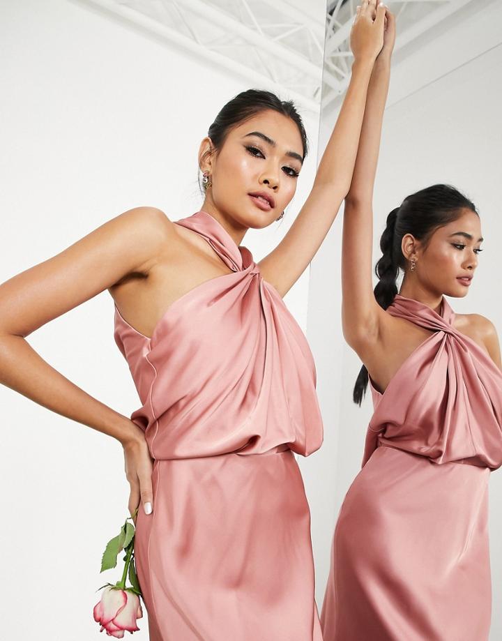 Asos Edition Satin Ruched Halter Neck Maxi Dress In Dusky Rose-pink