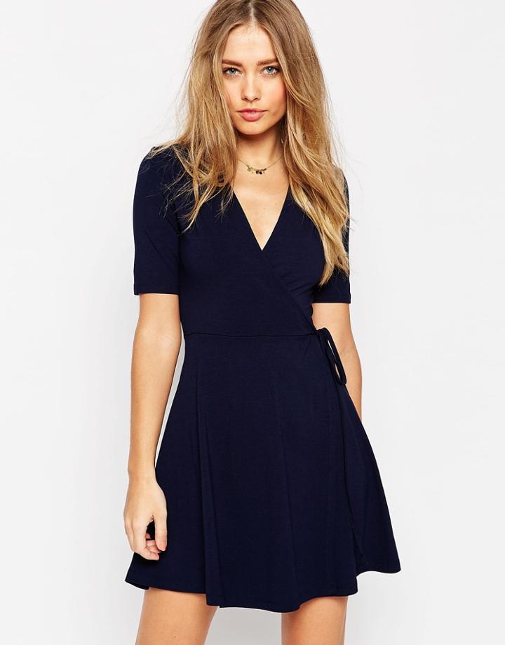 Asos Mini Tea Dress With Wrap Front - Navy