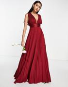 Asos Design Bridesmaid Pleated Cami Maxi Dress With Satin Wrap Waist In Burgundy-red