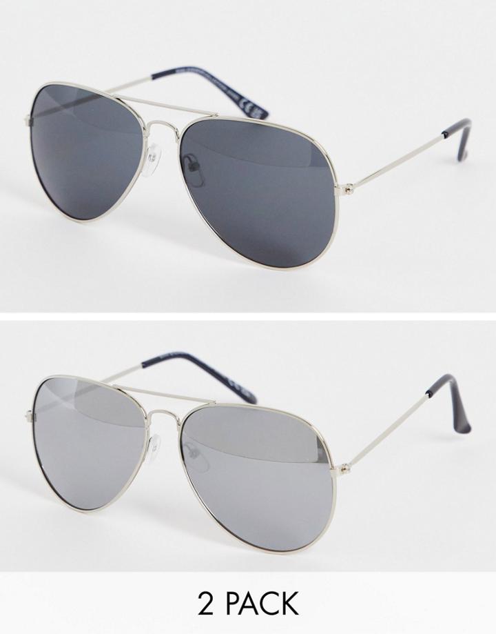 Svnx Two Pack Aviator Sunglasses In Silver And Black-multi