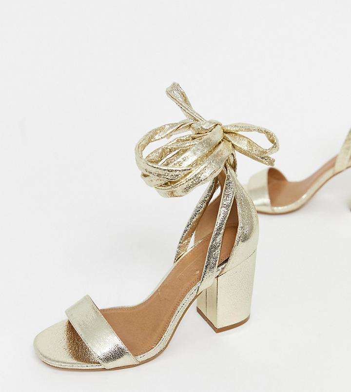 Asos Design Wide Fit Howling Tie Leg Block Heeled Sandals - Gold