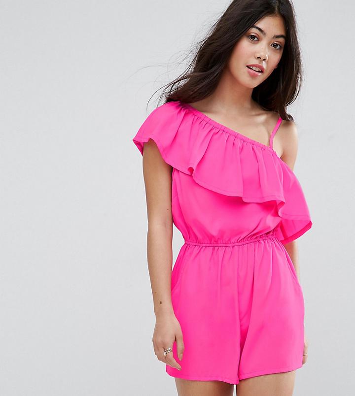 New Look Petite One Shoulder Romper - Pink
