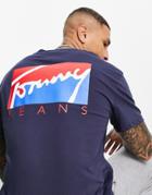 Tommy Jeans Color Block Script Logo Front And Back Print T-shirt In Navy