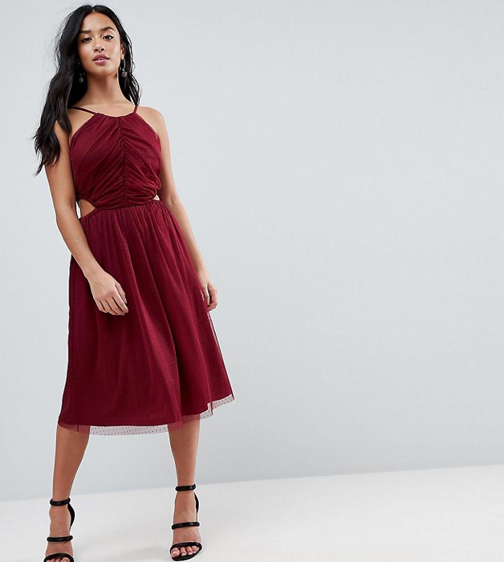 Asos Petite Dobby High Neck Midi Dress With Cut Out Sides-red