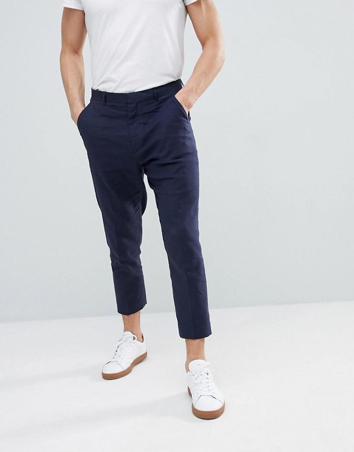Asos Tapered Smart Pants In Navy Linen - Navy