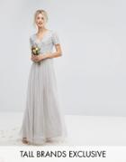 Maya Tall Plunge Neck Embelliished Top Maxi Dress With Tulle Skirt - Gray