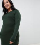 Brave Soul Plus Grungy Round Neck Sweater Dress - Green