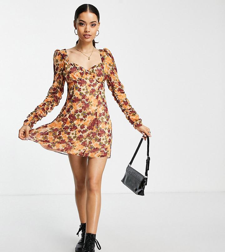 Asos Design Petite Sweetheart Neck Ruched Mini Tea Dress In Floral Print-multi