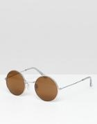 Asos Design Round Sunglasses In Silver With Brown Lens - Silver