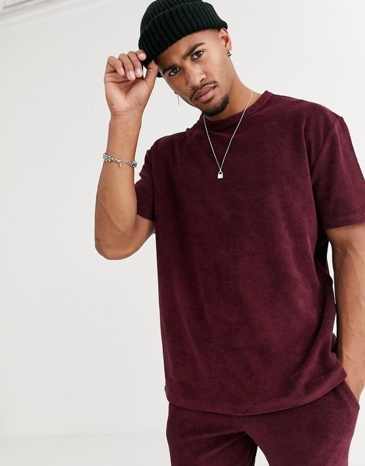 Asos Design Relaxed T-shirt In Towelling In Burgundy