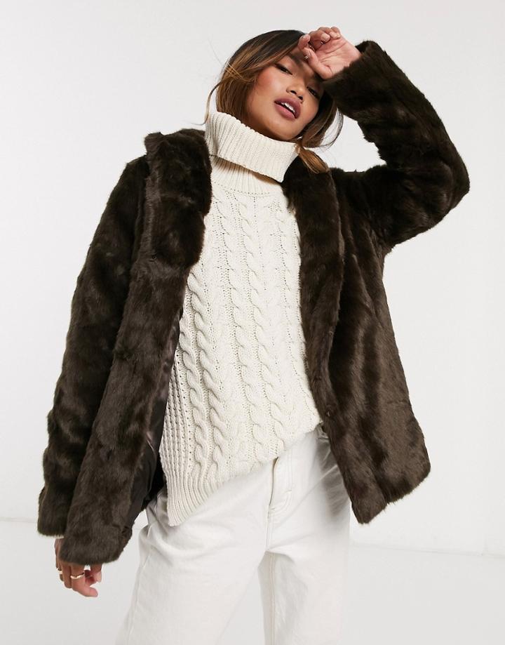 Asos Design Faux-fur Stand Collar Coat In Brown-red