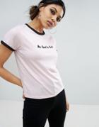 Daisy Street Retro Ringer T-shirt With No Soul To Sell Embroidery - Pink
