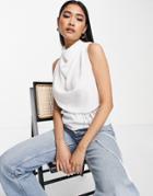 Asos Design Cowl Neck Sleeveless Blouse With Skinny Tie Waist Detail In Ivory-white