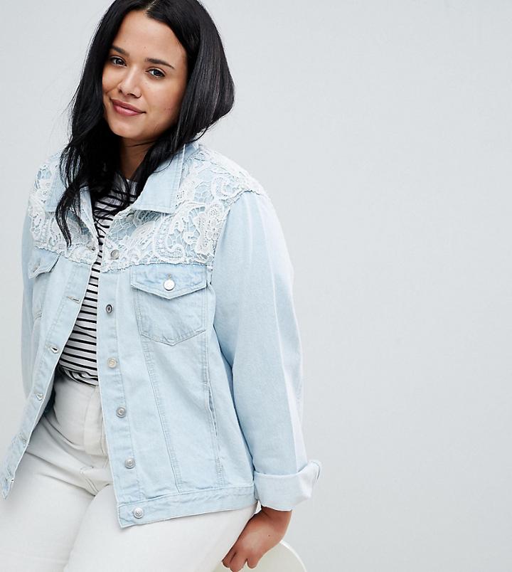 Brave Soul Plus Rayola Denim Jacket With Crochet Insert - Blue