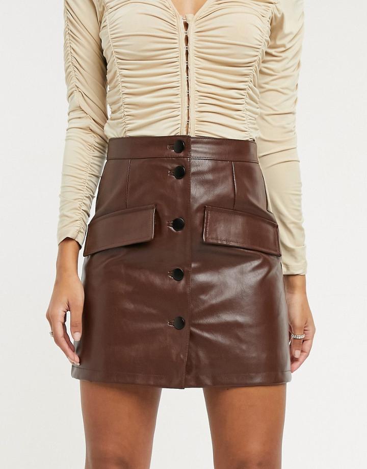 Asos Design Leather Look Button Through Mini Skirt In Brown