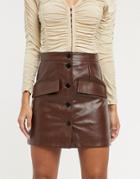Asos Design Leather Look Button Through Mini Skirt In Brown