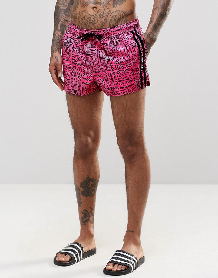 Asos Super Short Length Swim Shorts With Geo Print And Side Stripe Tape Detail