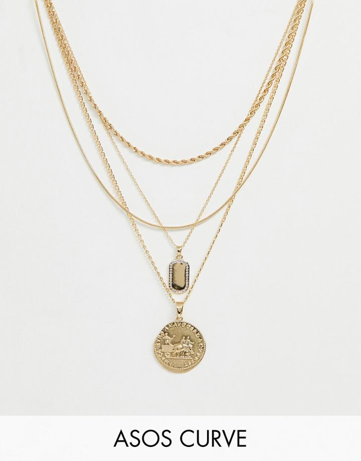 Asos Design Curve Multirow Necklace With Worn Coin And Crystal Detail Tag Pendants In Gold - Gold