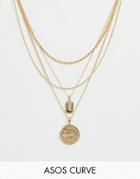 Asos Design Curve Multirow Necklace With Worn Coin And Crystal Detail Tag Pendants In Gold - Gold