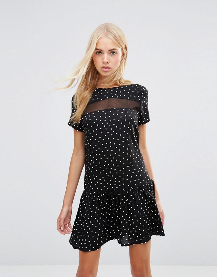Daisy Street Drop Hem Dress In Polka Dot Print With Mesh Insert