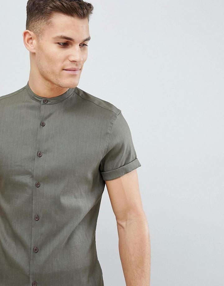 Asos Design Slim Fit Linen Mix Shirt With Grandad Collar In Khaki - Green