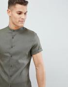 Asos Design Slim Fit Linen Mix Shirt With Grandad Collar In Khaki - Green