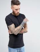 Asos Longline T-shirt With Curved Hem And Popper Details In Black - Bl