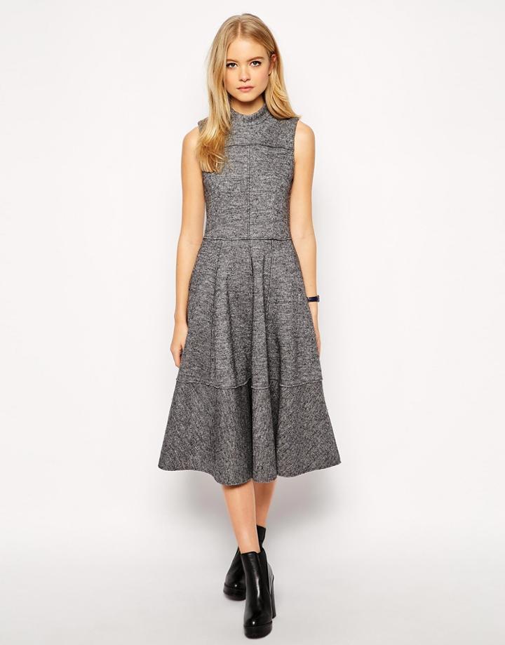Asos Premium Midi Dress In Bonded Wool With High Neck - Gray