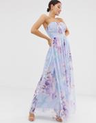 Lipsy Bandeu Mesh Maxi Dress In Blue Floral Print-multi