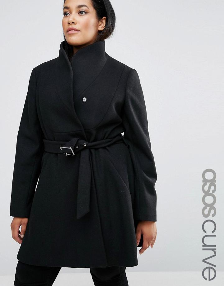 Asos Curve Skater Coat With Funnel Neck - Black