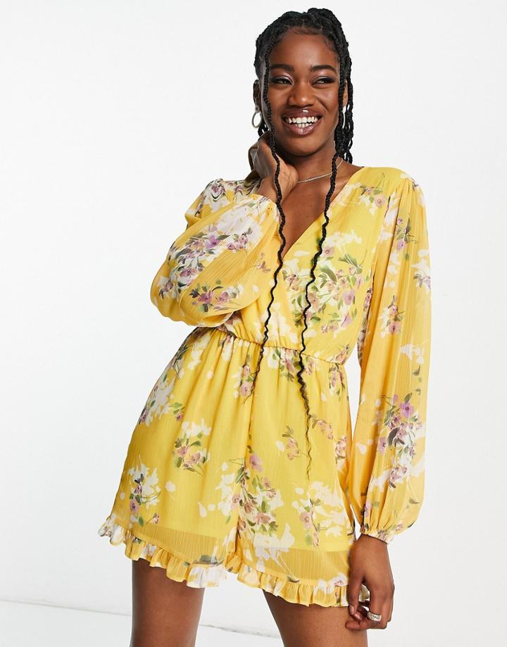Miss Selfridge Chiffon Wrap Frill Detail Romper In Yellow Floral