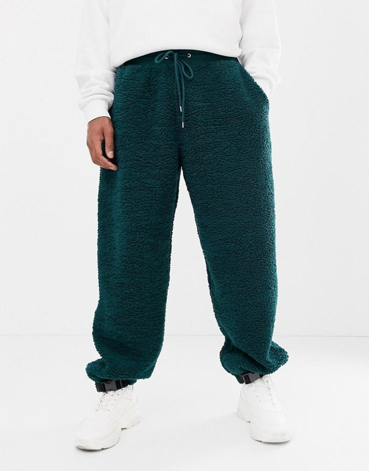 Asos Design Jogger In Borg With Clip Hem In Green - Green