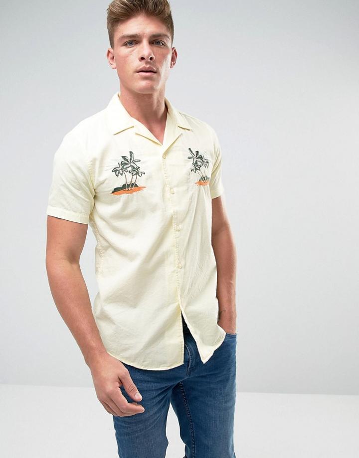 Bershka Hawaiian Shirt With Palm Embroidery And Revere Collar In Yellow - Yellow