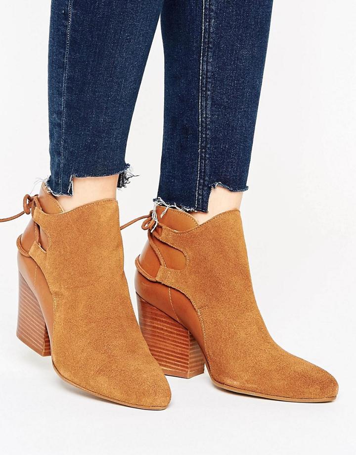 H By Hudson Suede Leather Tieback Heel Boot - Tan