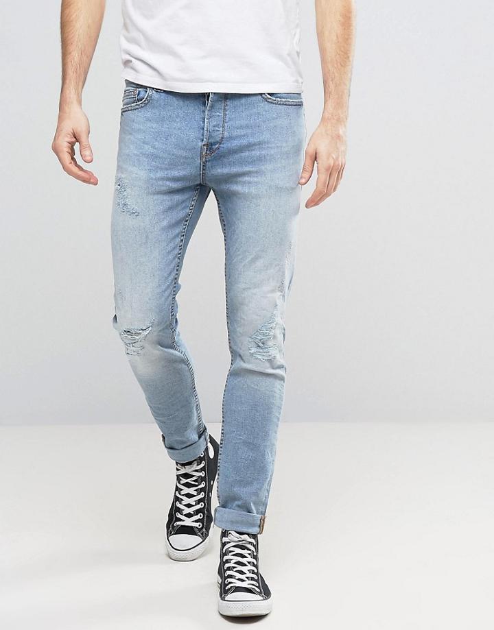 Only & Sons Slim Fit Stretch Jeans With Abrasion In Light Blue Wash -